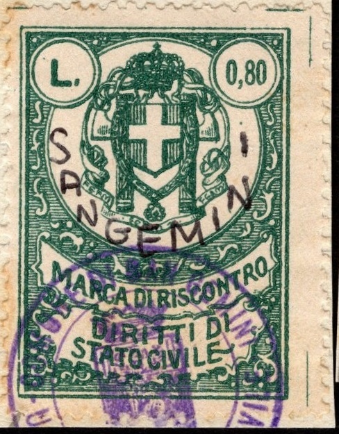 Marca da Bollo del Comune di SAN GEMINI su Carta Bianca Sottile di dimensioni 25,5 x 32 mm