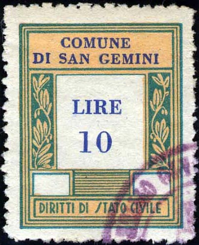 Marca da Bollo del Comune di SAN GEMINI su Carta Bianca Sottile di dimensioni 23 x 29,5 mm