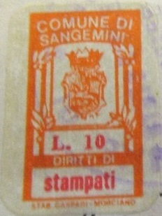 Marca da Bollo del Comune di SAN GEMINI su Carta Bianca di dimensioni 11,5 x 19,5 mm