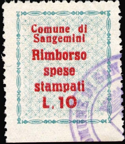 Marca da Bollo del Comune di SAN GEMINI su Carta Bianca di dimensioni 22 x 26,5 mm