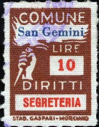Marca da Bollo del Comune di SAN GEMINI su Carta Bianca Sottile di dimensioni 18,5 x 26 mm