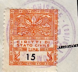 Marca da Bollo del Comune di SAN GERMANO CHISONE su Carta Bianca di dimensioni 21 x 24 mm