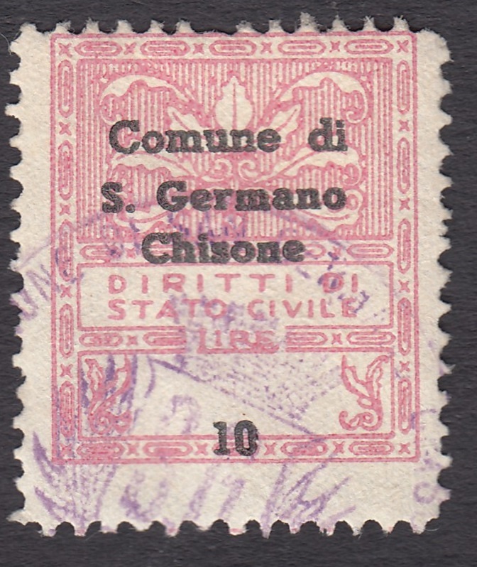 Marca da Bollo del Comune di SAN GERMANO CHISONE su Carta Bianca di dimensioni 21 x 24 mm