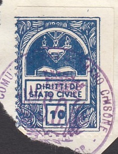 Marca da Bollo del Comune di SAN GERMANO CHISONE su Carta Colorata di dimensioni 22 x 28 mm
