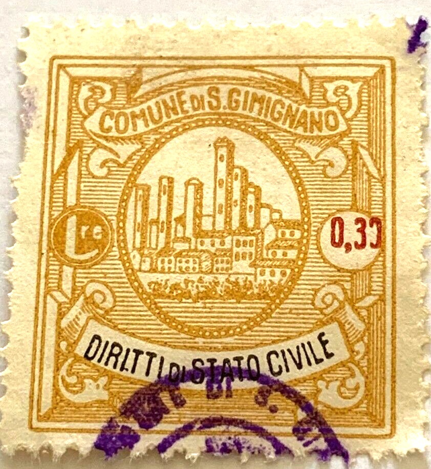 Marca da Bollo del Comune di SAN GIMIGNANO su Carta Bianca di dimensioni 23 x 27 mm