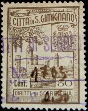 Marca da Bollo del Comune di SAN GIMIGNANO su Carta Bianca di dimensioni 23 x 29 mm