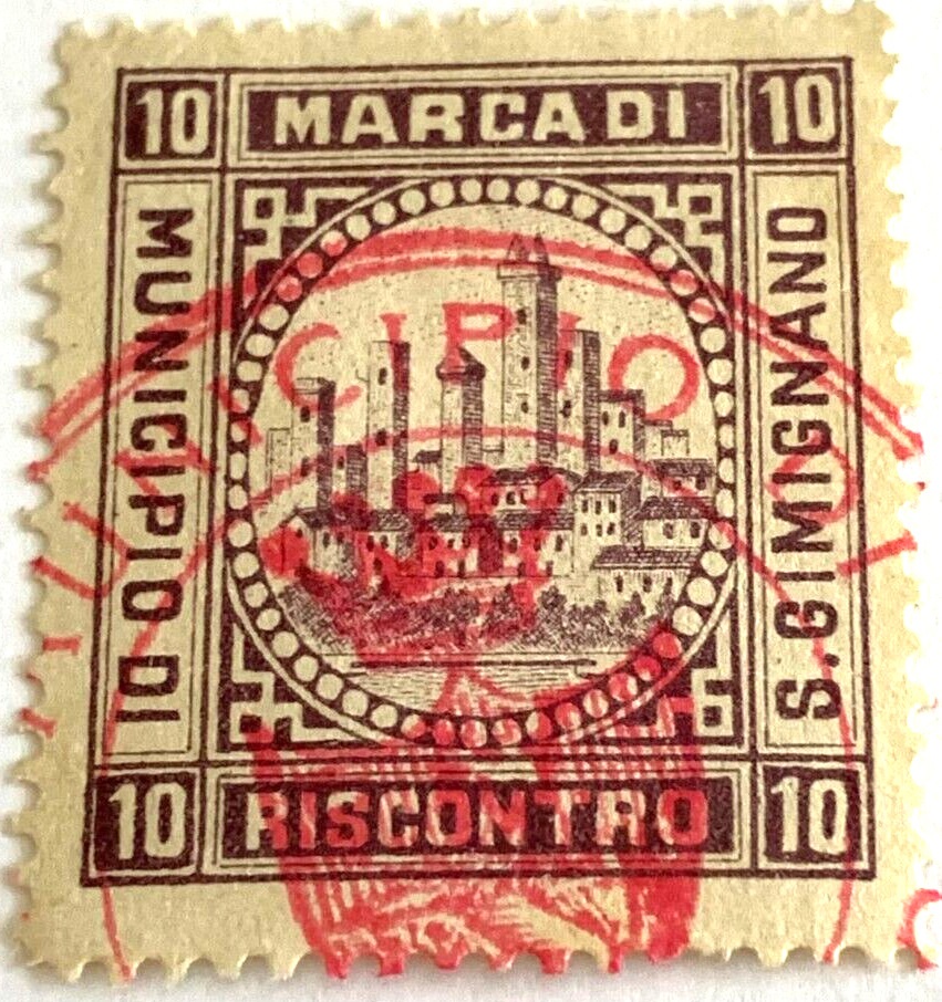 Marca da Bollo del Comune di SAN GIMIGNANO su Carta Bianca di dimensioni 24 x 32 mm