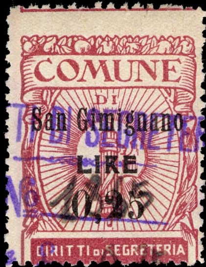 Marca da Bollo del Comune di SAN GIMIGNANO su Carta Bianca di dimensioni 22 x 29 mm
