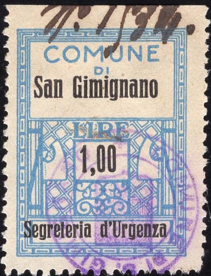 Marca da Bollo del Comune di SAN GIMIGNANO su Carta Bianca di dimensioni 21 x 29 mm