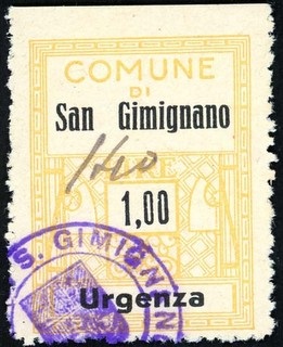 Marca da Bollo del Comune di SAN GIMIGNANO su Carta Bianca di dimensioni 24 x 32 mm
