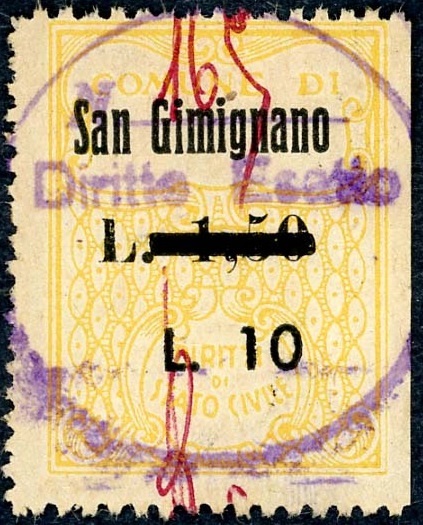 Marca da Bollo del Comune di SAN GIMIGNANO su Carta Bianca di dimensioni 24 x 32 mm