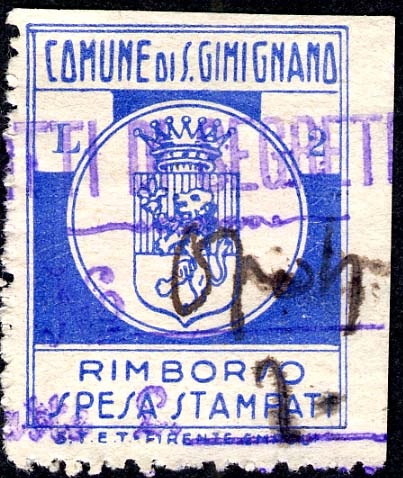 Marca da Bollo del Comune di SAN GIMIGNANO su Carta Bianca Sottile di dimensioni 22,5 x 29,5 mm
