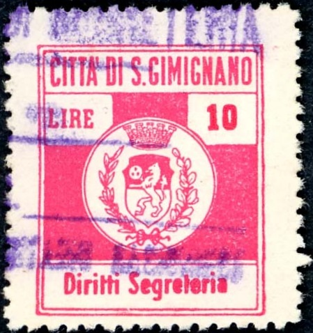 Marca da Bollo del Comune di SAN GIMIGNANO su Carta Bianca Sottile di dimensioni 22,5 x 25 mm