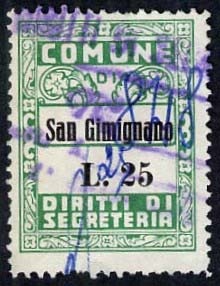 Marca da Bollo del Comune di SAN GIMIGNANO su Carta Bianca Sottile di dimensioni 24 x 32 mm