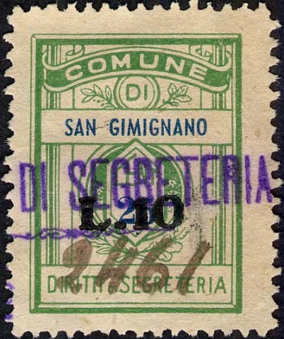 Marca da Bollo del Comune di SAN GIMIGNANO su Carta Bianca Sottile di dimensioni 21,5 x 28,5 mm