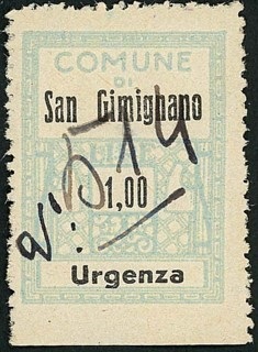 Marca da Bollo del Comune di SAN GIMIGNANO su Carta Bianca di dimensioni 22,5 x 29 mm