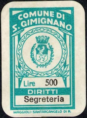 Marca da Bollo del Comune di SAN GIMIGNANO su Carta Bianca di dimensioni 15 x 19 mm