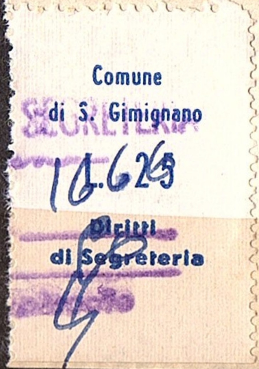 Marca da Bollo del Comune di SAN GIMIGNANO su Carta Bianca di dimensioni 23 x 29 mm