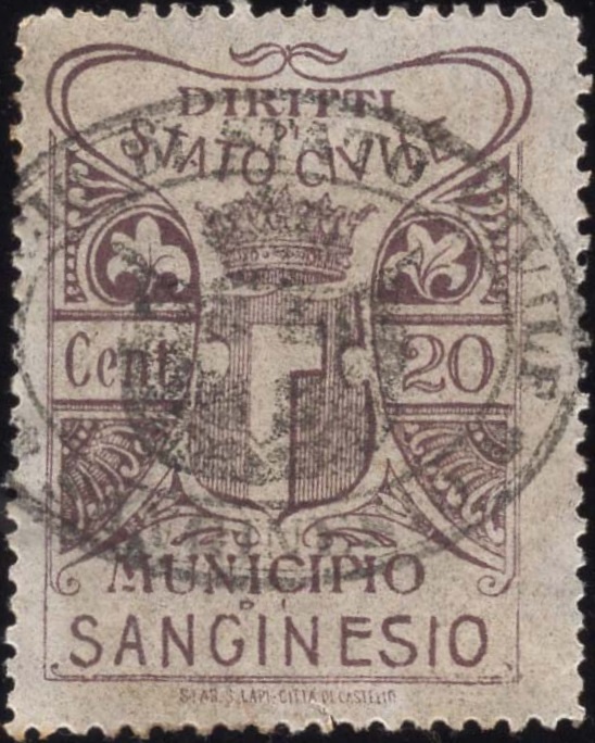Marca da Bollo del Comune di SAN GINESIO su Carta Bianca di dimensioni 21 x 28 mm
