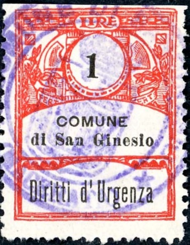 Marca da Bollo del Comune di SAN GINESIO su Carta Bianca di dimensioni 21,5 x 28 mm