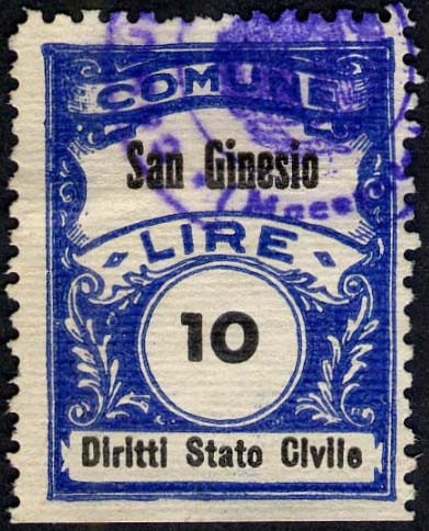 Marca da Bollo del Comune di SAN GINESIO su Carta Bianca di dimensioni 22,5 x 29 mm