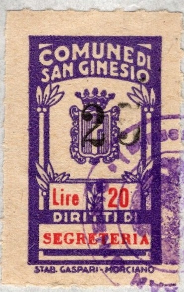 Marca da Bollo del Comune di SAN GINESIO su Carta Bianca Sottile di dimensioni 17 x 29,5 mm