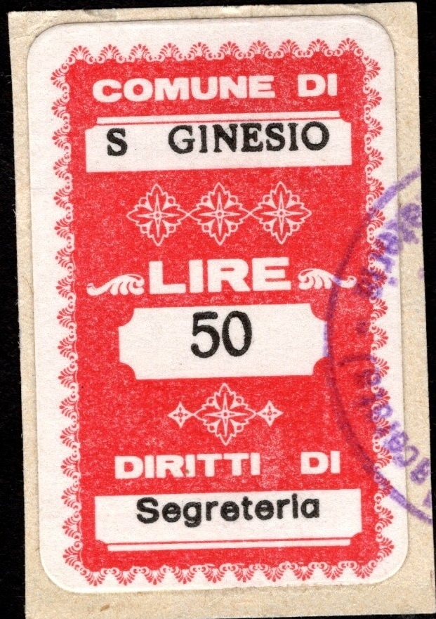 Marca da Bollo del Comune di SAN GINESIO su Carta Bianca di dimensioni 19,5 x 32 mm