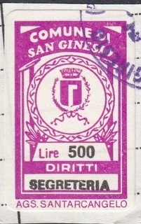 Marca da Bollo del Comune di SAN GINESIO su Carta Bianca di dimensioni 18,5 x 31,5 mm
