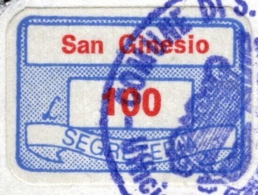 Marca da Bollo del Comune di SAN GINESIO su Carta Bianca di dimensioni 20 x 14 mm