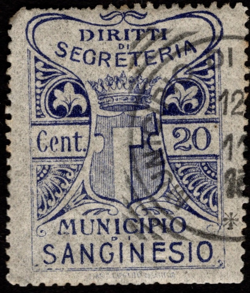 Marca da Bollo del Comune di SANGINETO su Carta Bianca Sottile di dimensioni 26 x 43,5 mm