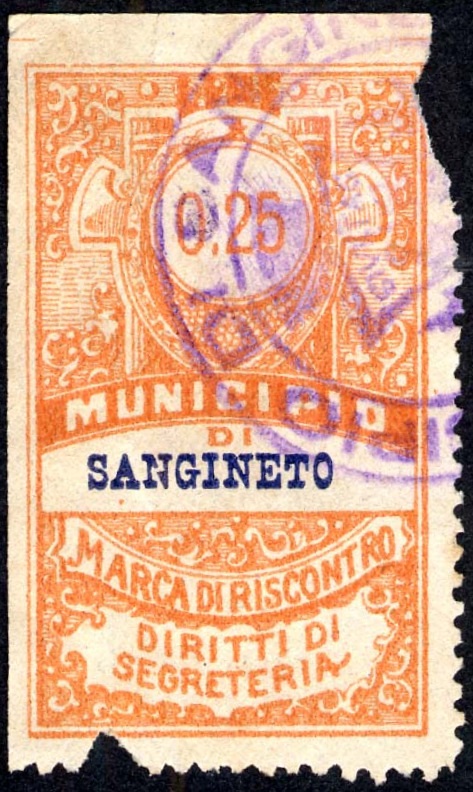 Marca da Bollo del Comune di SANGINETO su Carta Bianca Sottile di dimensioni 26 x 43,5 mm