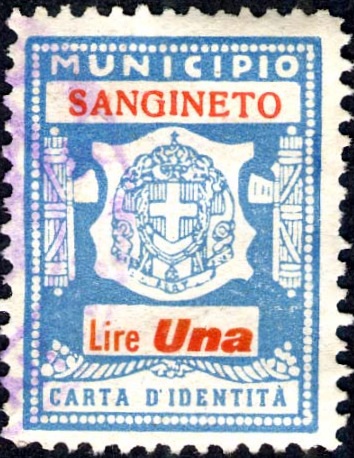 Marca da Bollo del Comune di SANGINETO su Carta Bianca Sottile di dimensioni 22 x 27 mm