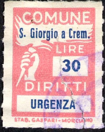 Marca da Bollo del Comune di SAN GIORGIO A CREMANO su Carta Bianca di dimensioni 18 X 25,5 mm