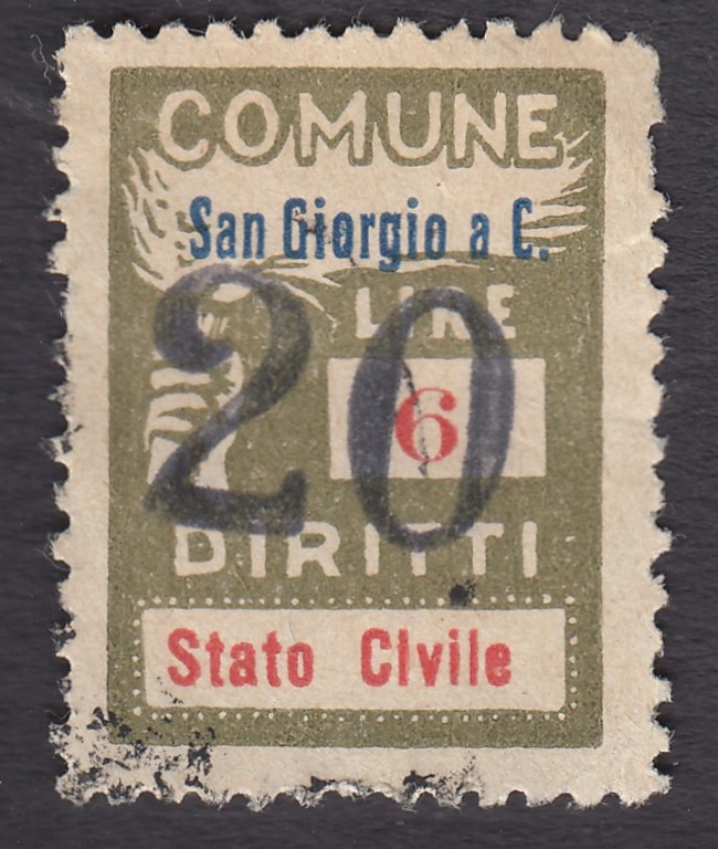 Marca da Bollo del Comune di SAN GIORGIO A CREMANO su Carta Bianca di dimensioni 18 X 25,5 mm