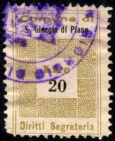 Marca da Bollo del Comune di SAN GIORGIO DI PIANO su Carta Bianca Sottile di dimensioni 19,5 x 28 mm