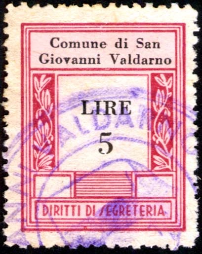 Marca da Bollo del Comune di SAN GIOVANNI VALDARNO su Carta Bianca Sottile di dimensioni 23 x 29,5 mm