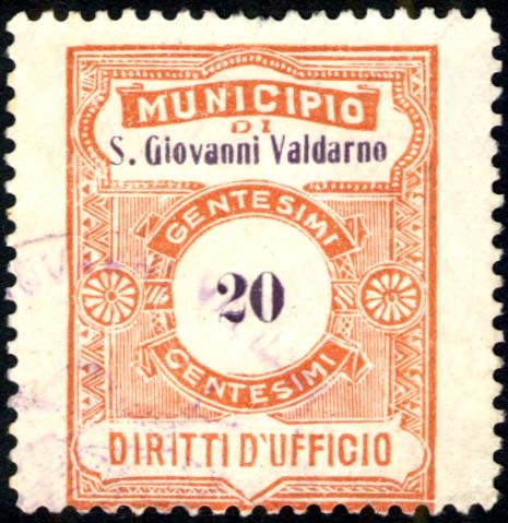 Marca da Bollo del Comune di SAN GIOVANNI VALDARNO su Carta Bianca Sottile di dimensioni 21,5 x 37 mm