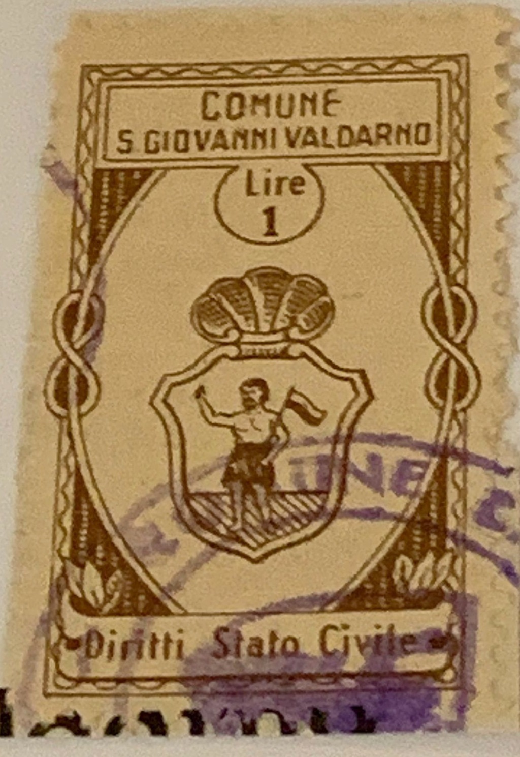 Marca da Bollo del Comune di SAN GIOVANNI VALDARNO su Carta Bianca di dimensioni 20,5 x 36 mm