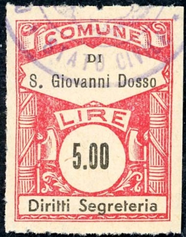 Marca da Bollo del Comune di SAN GIOVANNI DEL DOSSO su Carta Bianca Sottile di dimensioni 21,5 x 33 mm