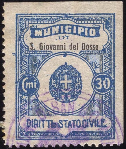 Marca da Bollo del Comune di SAN GIOVANNI DEL DOSSO su Carta Bianca Sottile di dimensioni 22,5 x 29 mm
