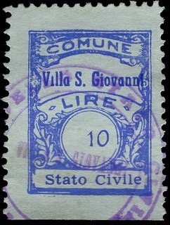 Marca da Bollo del Comune di VILLA SAN GIOVANNI IN TUSCIA su Carta Bianca di dimensioni 22,5 x 29 mm
