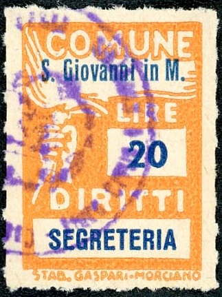 Marca da Bollo del Comune di SAN GIOVANNI IN MARIGNANO su Carta Bianca di dimensioni 18,5 x 26 mm