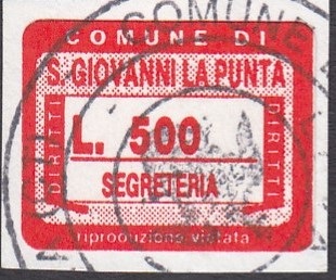 Marca da Bollo del Comune di SAN GIOVANNI LA PUNTA su Carta Bianca di dimensioni 22 x 17,5 mm