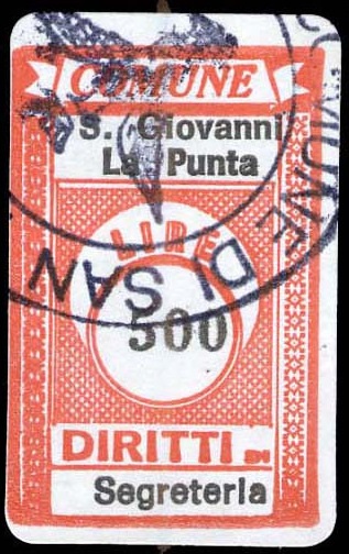 Marca da Bollo del Comune di SAN GIOVANNI LA PUNTA su Carta Bianca di dimensioni 19 x 30 mm