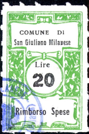 Marca da Bollo del Comune di SAN GIULIANO MILANESE su Carta Bianca Sottile di dimensioni 22 x 30,5 mm