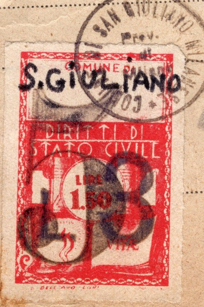 Marca da Bollo del Comune di SAN GIULIANO MILANESE su Carta Bianca Sottile di dimensioni 22 x 30,5 mm