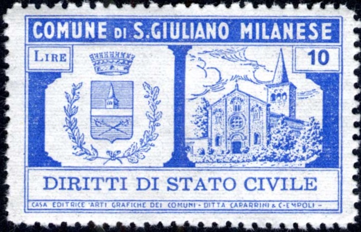 Marca da Bollo del Comune di SAN GIULIANO MILANESE su Carta Bianca di dimensioni 42 x 26 mm