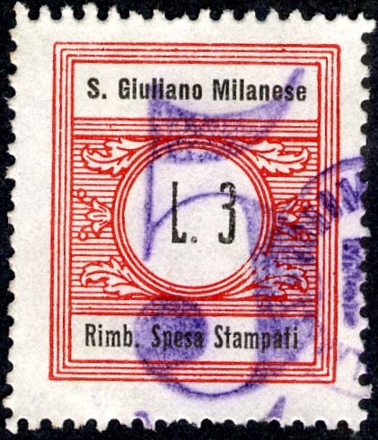 Marca da Bollo del Comune di SAN GIULIANO MILANESE su Carta Bianca di dimensioni 22 x 25,5 mm