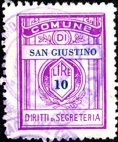 Marca da Bollo del Comune di SAN GIUSTINO su Carta Bianca di dimensioni 21,5 x 28,5 mm