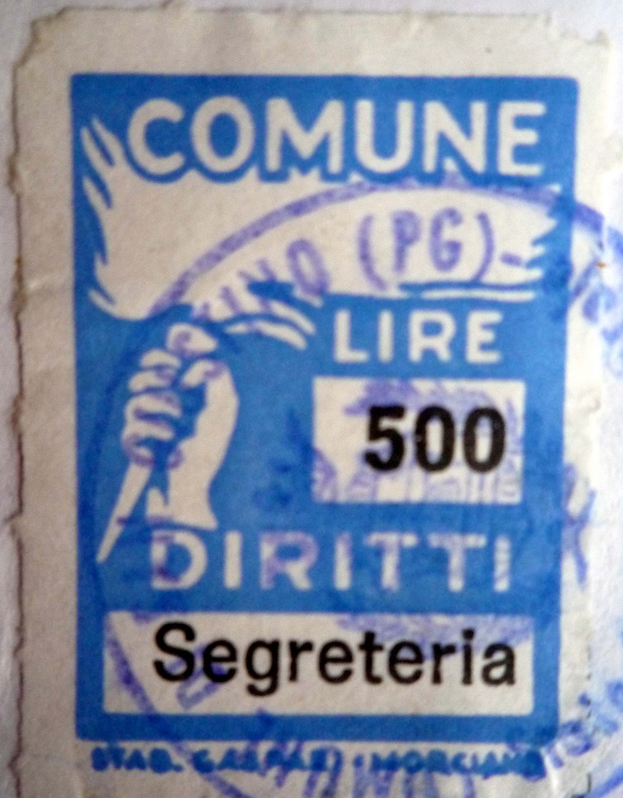 Marca da Bollo del Comune di SAN GIUSTINO su Carta Bianca di dimensioni 18,5 x 26 mm